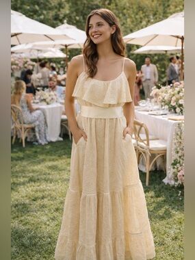 Cream Lace Cotton L Maxi Dress Boho Wedding Bridal Tier Ruffle Spaghetti Strap